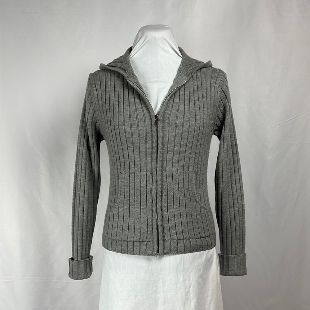 Ribbed Knit Gray Zip-Up Cardigan Medium Weight Jacket Cropped Hoodie Junior’s M